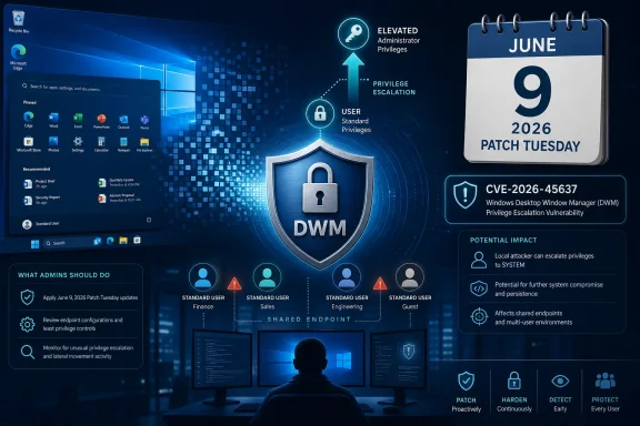 Cybersecurity patch alert graphic showing June 9, 2026 Patch Tuesday and CVE-2026-45637 DWM privilege escalation.