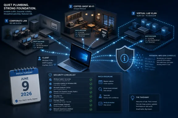 Cybersecurity network diagram showing DHCP, VLAN segmentation, and patching checklist for secure corporate Wi‑Fi.
