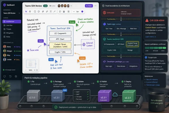 Screenshot of a SecBoard dashboard reviewing Teams JavaScript SDK trust boundaries and a CVE security fix pipeline.