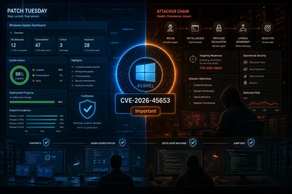 Cybersecurity dashboard split-screen shows Patch Tuesday metrics alongside an attacker chain for CVE-2026-45653.