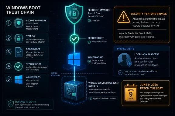 Infographic showing Windows boot trust chain and VSM security features with a “security feature bypass” warning.