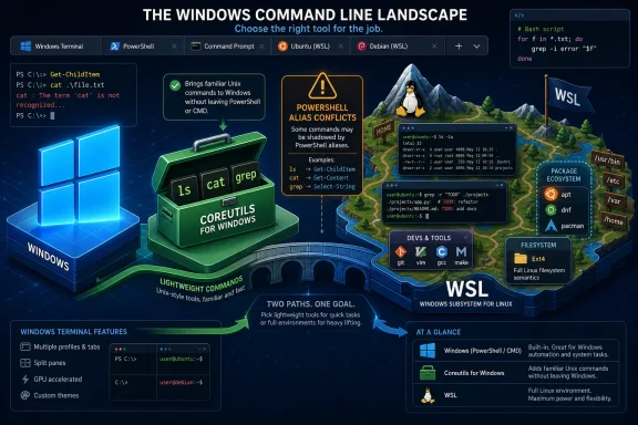 Illustration of Windows Terminal guiding users to use WSL/PowerShell for Linux and Unix command line tools. Illustration of Windows Terminal guiding users to use WSL/PowerShell for Linux and Unix command line tools.