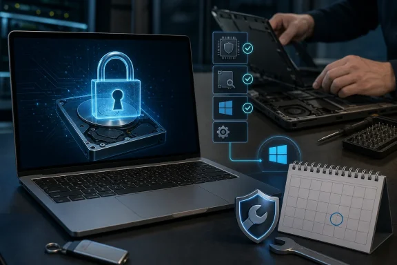 Hands working on a laptop with a cybersecurity lock and shield tech overlay, plus a notebook and keys.