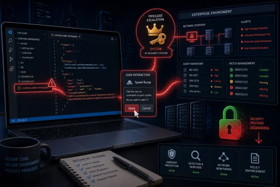 Laptop shows code workspace while security UI warns of privilege escalation, patch status, and user interaction.