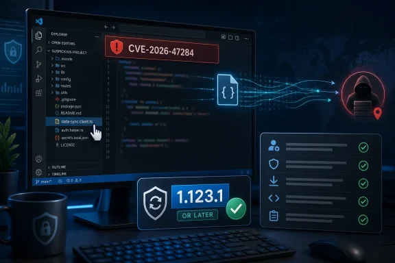 Cybersecurity dashboard on a laptop showing CVE-2026-47284 vulnerability alerts and threat monitoring.