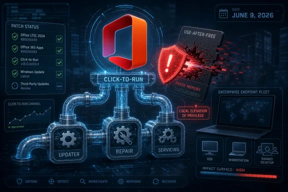 Futuristic cybersecurity dashboard showing Click-to-Run updates with protection alerts and networked devices.