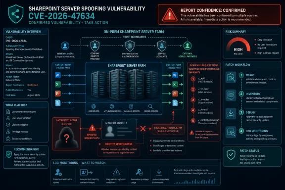 Cybersecurity infographic on SharePoint server spoofing vulnerability CVE-2026-47634 with fix and patch workflow.