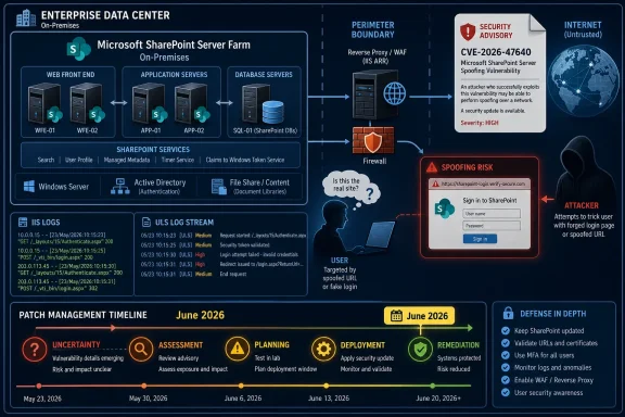 Enterprise SharePoint server farm diagram with firewall and a high-severity reverse proxy/WAF spoofing risk alert.