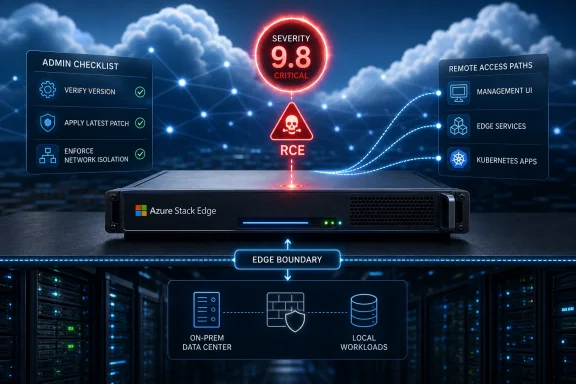 Futuristic cybersecurity dashboard shows Azure Stack Edge with critical severity 9.8 and admin checklists.