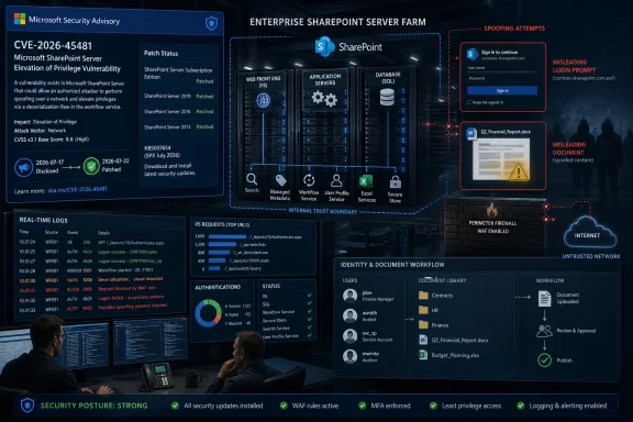 Cybersecurity alert dashboard for a Microsoft SharePoint server showing spoofing attempts, logs, and patch status.