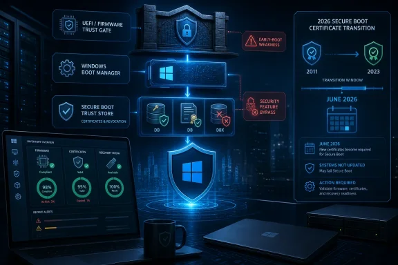 Futuristic cybersecurity dashboard showing Windows secure boot trust gate and 2026 certificate transition timeline.