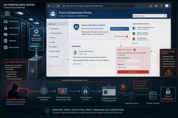 Diagram shows an on-premises collaboration portal attacked via spoofed access, patching and re-auth prompts.
