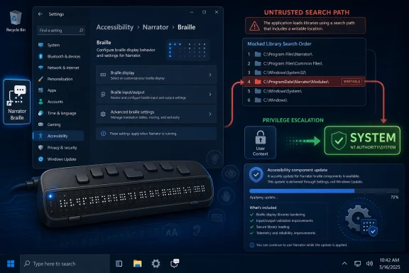 Windows Narrator Braille settings show an “untrusted search path” risk and privilege escalation to SYSTEM.