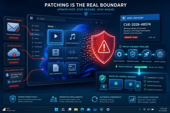 Cybersecurity poster shows Windows patching process with warning CVE-2026-48574 and protected pipeline.