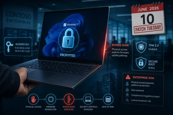 Hand holding an encrypted Windows 11 laptop with “Patch Tuesday” security risk alerts and bypass indicators.