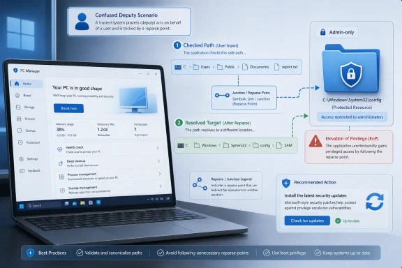 Diagram shows Windows PC security scenario where a reparse point leads to admin-only access and privilege elevation.