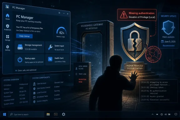 PC security dashboard shows “Missing authentication” and failed privilege elevation behind a virtual lock.