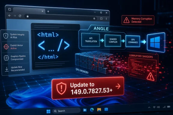 Browser-like UI shows a “Memory Corruption Detected” warning and “Update to 149.0.7827.53+”.