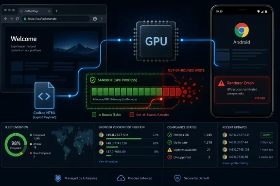 Cybersecurity dashboard graphic showing GPU sandbox, out-of-bounds write, and a GPU renderer crash alert.
