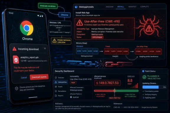 Security dashboard shows a Chrome download warning alongside an “use-after-free” vulnerability analysis.