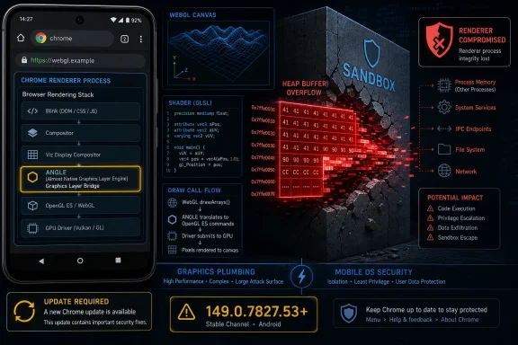 Diagram shows Chrome WebGL renderer compromise and sandbox escape risks with heap overflow and memory corruption alerts.