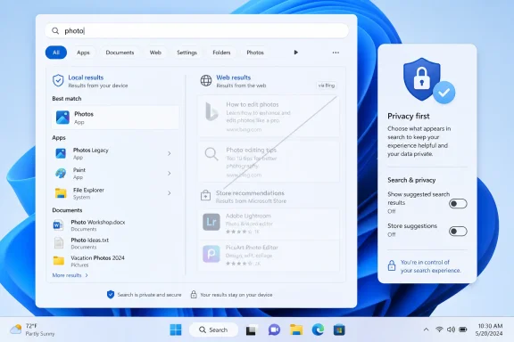 Windows search results screen with a “Privacy first” settings panel over a blue desktop background.