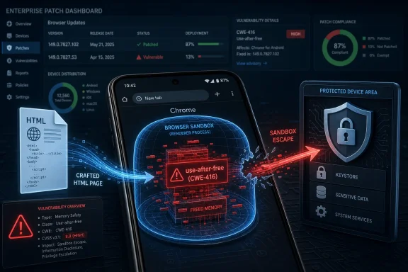 Enterprise patch dashboard highlights Chrome “use-after-free” vulnerability with sandbox escape protection on a smartphone.