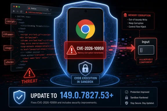 Cybersecurity graphic showing Chrome vulnerability CVE-2026-10959 with memory corruption alerts and update prompt.