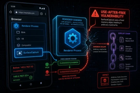 Cybersecurity graphic showing an exploit chain for a use-after-free vulnerability in a browser renderer sandbox.