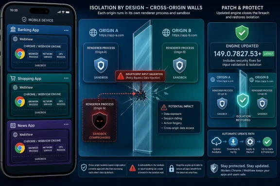 Infographic showing cross-origin webview isolation, sandboxing, and a security “patch & protect” engine update.