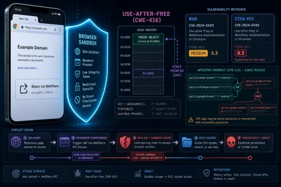 Cybersecurity diagram showing a browser sandbox escape via use-after-free (CWE-416) with exploit chain details.