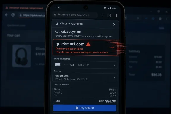 Smartphone checkout shows Chrome Payments warning: domain verification failed for quickmart.com.