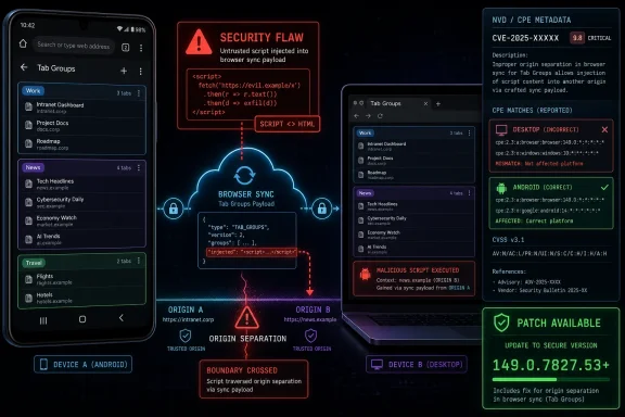Cybersecurity alert showing malicious browser script injection across origins during tab group sync, with patch available.