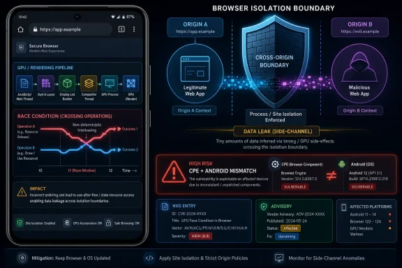 Infographic showing browser site isolation boundary, GPU race condition, and high-risk data leakage warning.