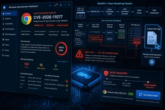 Cybersecurity dashboard showing CVE-2026-11077 WebGPU Dawn critical vulnerability and required Chrome patch.