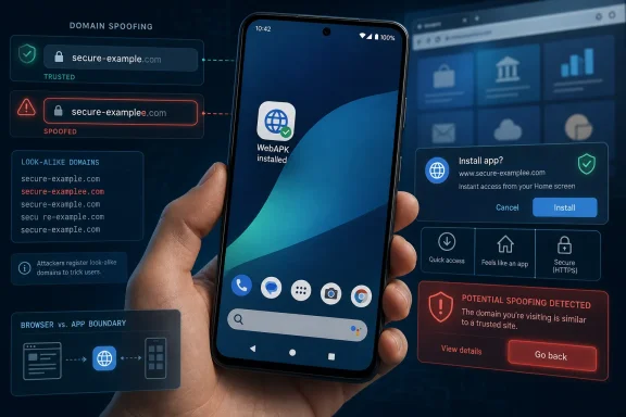 Hand holds a phone showing a WebAPK install prompt with domain spoofing alerts on screen.