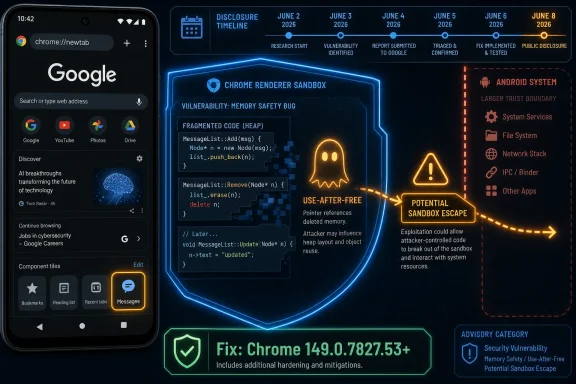 A smartphone shows Google Chrome while a security graphic depicts a sandbox escape vulnerability and fix.