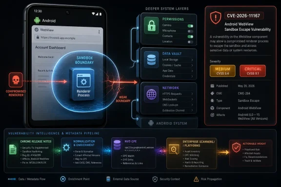 Cybersecurity graphic shows an Android WebView sandbox escape vulnerability (CVE-2026-11167) with risk details.