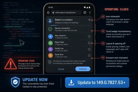 A phone shows a “Select a contact” security prompt flagged by spoofing risk UI warnings.