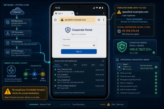 Diagram showing Chrome login redirected to a spoofed domain with network flow and security warnings.