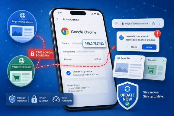 Illustration of Google Chrome on a phone with update and security prompts for news-site access.