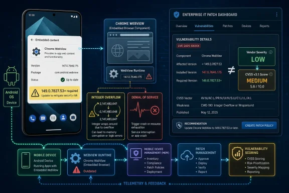 Screenshot-style graphic showing Android Chrome WebView vulnerability and patch dashboard with severity details.