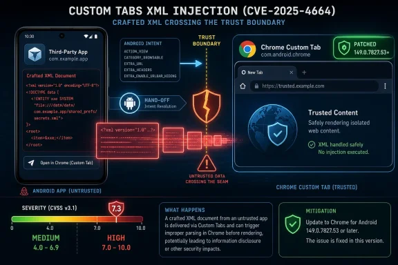 Infographic shows Android Chrome Custom Tabs XML injection risk (CVE-2025-4664) and mitigation for patched versions.