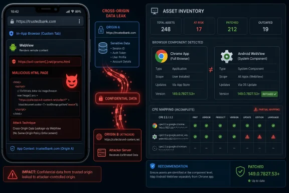 Cybersecurity dashboard showing cross-origin data leak in Android WebView with asset inventory and patched status.