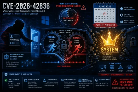 Cybersecurity graphic showing a Windows race-condition exploit labeled CVE-2026-42836 with patch-now guidance and June 2026 timing.