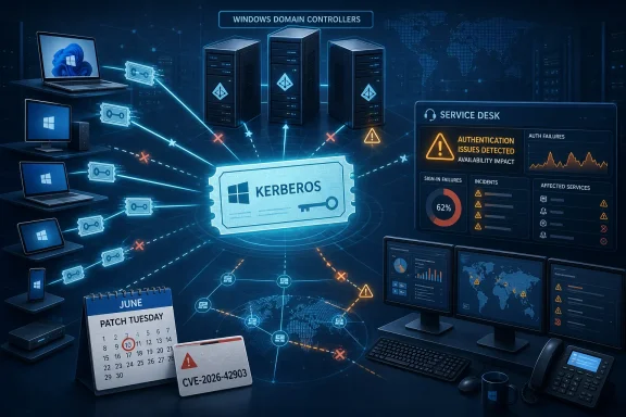 Cybersecurity illustration showing Kerberos domain controller issues and authentication failures with monitoring dashboards.