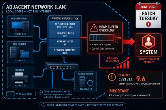Illustration of a LAN attack showing heap buffer overflow, privilege escalation, and system severity in June 2026.