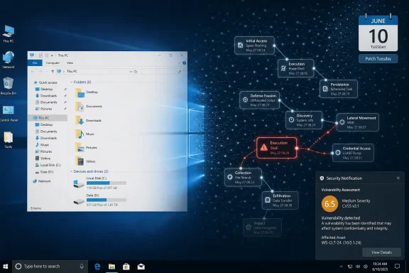 Windows desktop with a cyberattack timeline diagram and security notification panel on a dark network background.
