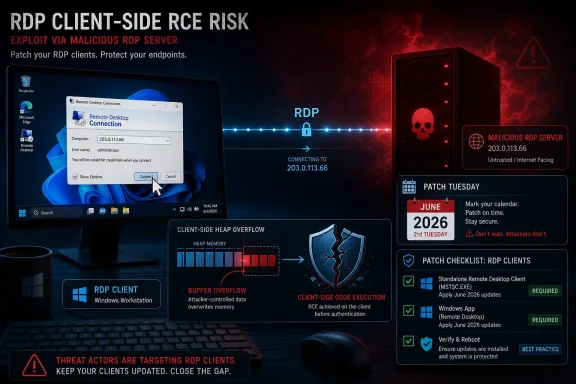 Security warning graphic showing RDP client-side RCE risk via a malicious RDP server, urging Patch Tuesday updates.