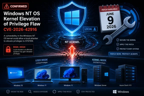 Cybersecurity graphic warning that Windows NT kernel elevation privilege flaw CVE-2026-42916 is confirmed; patch available June 9, 2026.